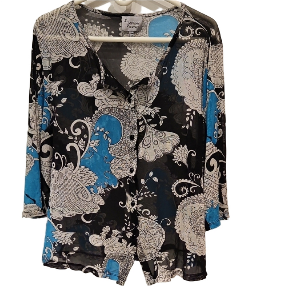LYNN RITCHIE SILVER Silk Shirt Sheer Button Down Multicolor Women's Plus 3X